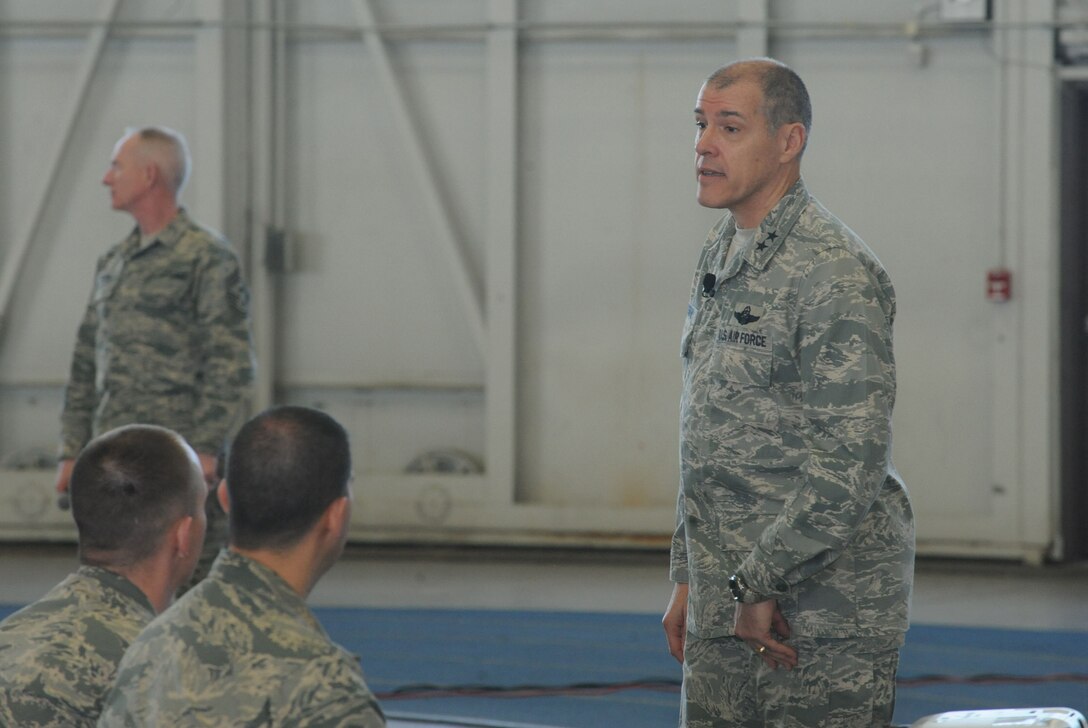 Maj. Gen. Thomas Bussiere, the 8th Air Force commander, speaks during an all call in the Pride Hangar at Ellsworth Air Force Base, S.D., Jan. 23, 2018. Bussiere spoke about the history of the 8th Air Force and the impact the bomber community has throughout world. (U.S. Air Force photo by Airman 1st Class Nicolas Z. Erwin)