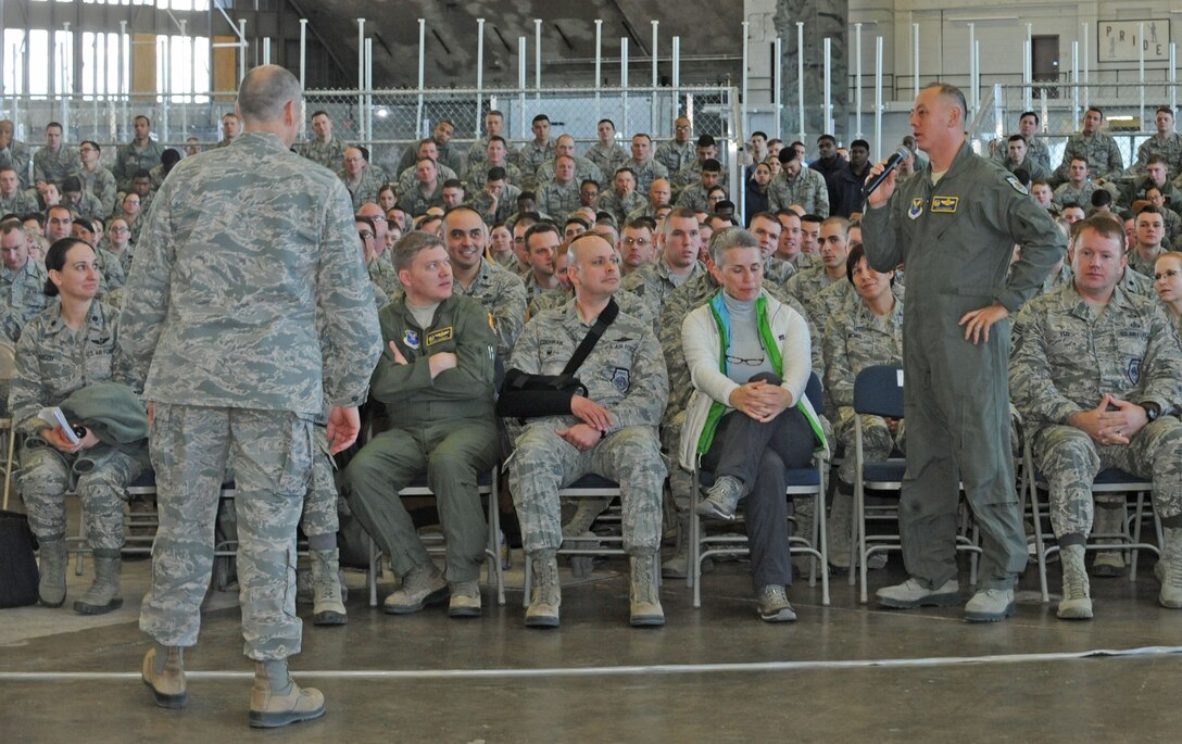 Col. John R. Edwards, the 28th Bomb Wing commander, asks Maj. Gen. Thomas Bussiere, the 8th Air Force commander, a question during an all call in the Pride Hangar at Ellsworth Air Force Base, S.D., Jan. 23, 2018. Bussiere commented on the longevity of the B-1 bomber, B-2 Spirit and the B-52 Stratofortress and how these bomber platforms will continue to be used in the future. (U.S. Air Force photo by Airman 1st Nicolas Z. Erwin)