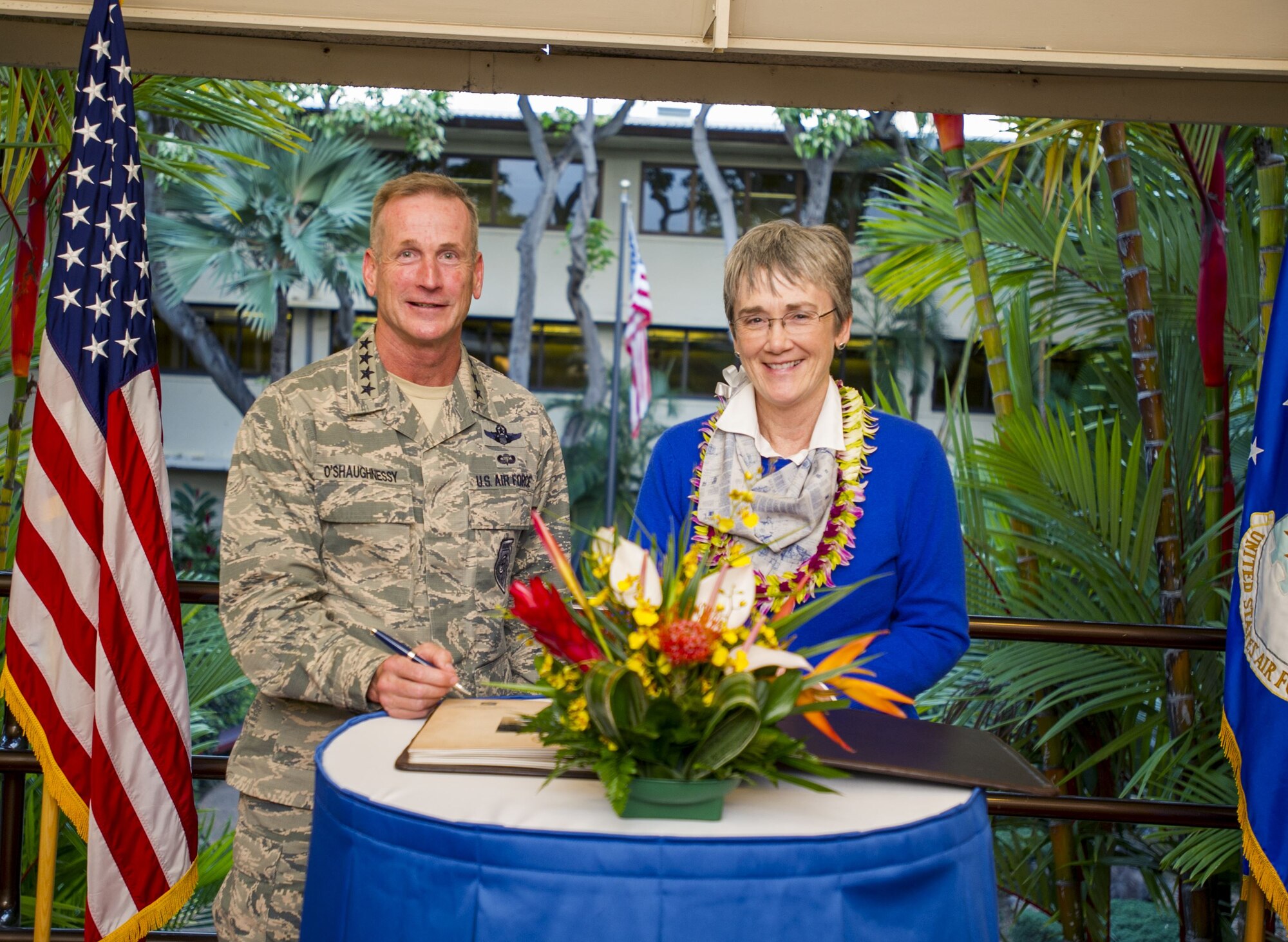 Secretary of the Air Force Heather Wilson poses with Pacific Air Forces (PACAF) Commander Gen. Terrence O’Shaughnessy following a theater overview briefing at PACAF headquarters, Joint Base Pearl Harbor-Hickam, Hawaii, Jan. 23, 2018.