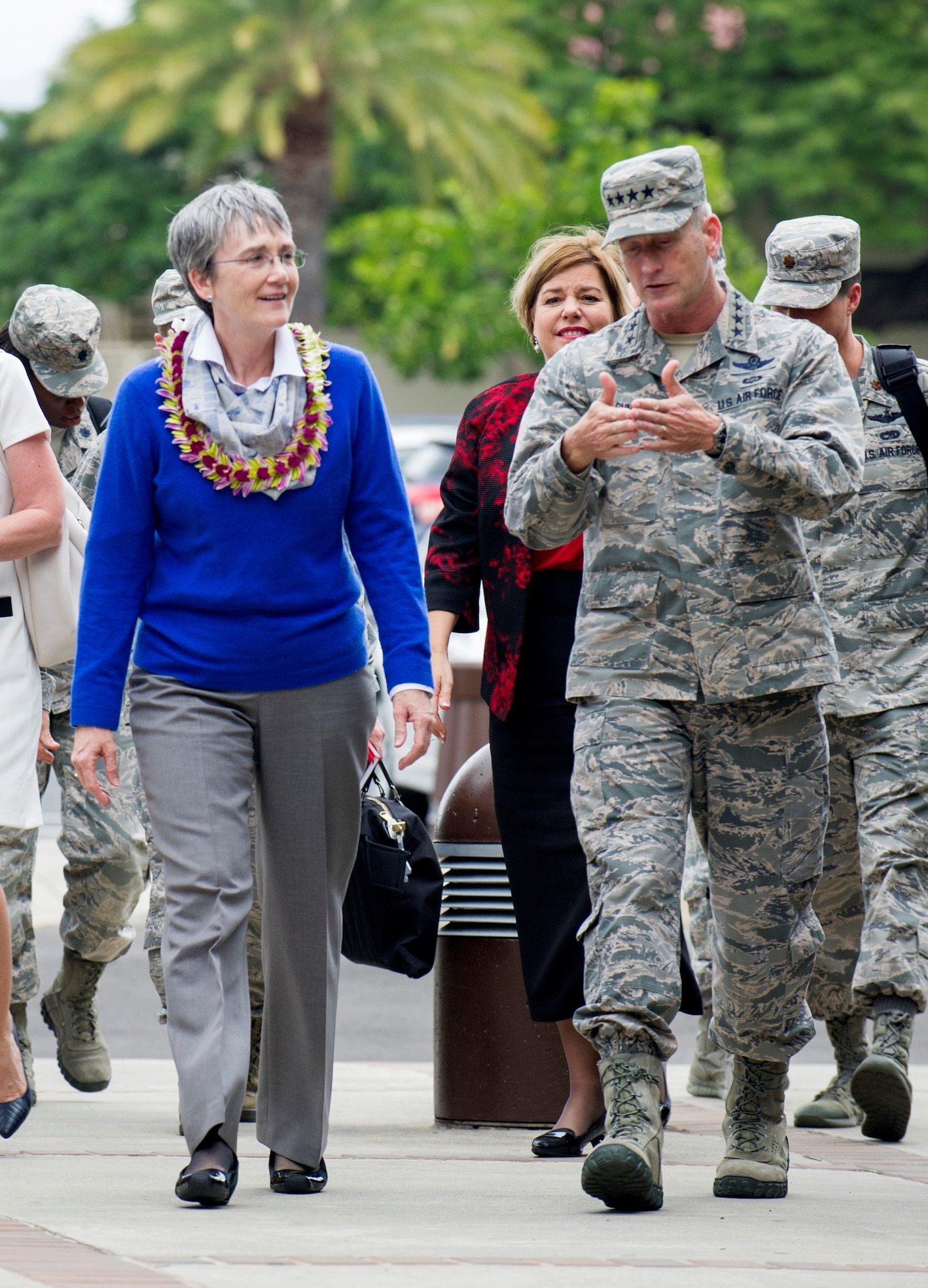 Secretary of the Air Force Heather Wilson and her husband, Jay Hone, walk with Pacific Air Forces (PACAF) Commander Gen. Terrence O’Shaughnessy, upon her arrival to the PACAF headquarters building at Joint Base Pearl Harbor-Hickam, Hawaii, Jan. 23, 2018.