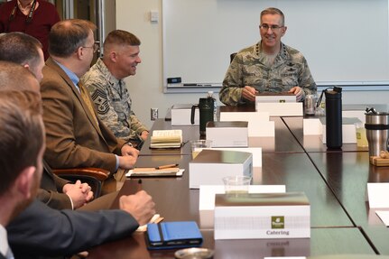 U.S. Air Force Gen. John Hyten (center), commander of U.S. Strategic Command (USSTRATCOM), attends a brown-bag lunch with USSTRATCOM Strategic Leadership Fellows Program participants at University of Nebraska Omaha’s Mammel Hall, Jan. 24, 2017. The fellows program is designed to develop high-potential civilian leaders in support of USSTRATCOM organizational transformation, broaden mission awareness, and develop leadership skills. USSTRATCOM has global responsibilities assigned through the Unified Command Plan that include strategic deterrence, nuclear operations, space operations, joint electromagnetic spectrum operations, global strike, missile defense, and analysis and targeting.