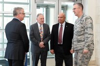 U.S. Air Force Gen. John Hyten (right), commander of U.S. Strategic Command (USSTRATCOM), met with, from left, Scott Snyder, University of Nebraska Omaha (UNO) vice chancellor for research; Louis Pol, UNO dean of the college of business administration, Hesham Ali, UNO dean of the college of information science & technology, prior to attending a brown-bag lunch with USSTRATCOM Strategic Leadership Fellows Program participants at UNO’s Mammel Hall, Jan. 24, 2017. The fellows program is designed to develop high-potential civilian leaders in support of USSTRATCOM organizational transformation, broaden mission awareness, and develop leadership skills. USSTRATCOM has global responsibilities assigned through the Unified Command Plan that include strategic deterrence, nuclear operations, space operations, joint electromagnetic spectrum operations, global strike, missile defense, and analysis and targeting.