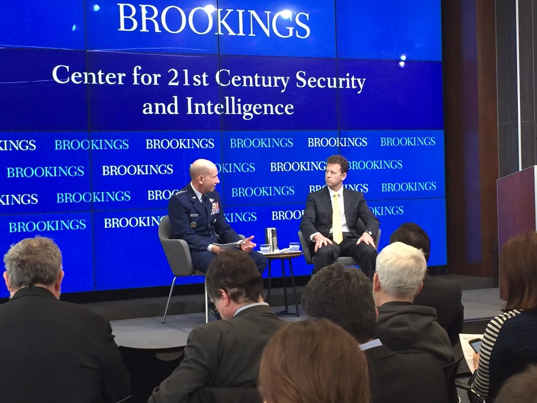 Air Force Gen. James M. Holmes, left, commander of Air Combat Command, speaks with the Brookings Institution’s Michael E. O’Hanlon about the challenges of developing doctrine to fight the multidomain battle.