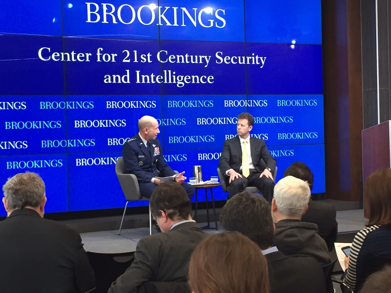 Air Force Gen. James M. Holmes, left, commander of Air Combat Command, speaks with the Brookings Institution’s Michael E. O’Hanlon about the challenges of developing doctrine to fight the multidomain battle.