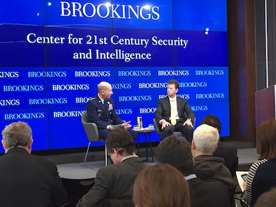Air Force Gen. James M. Holmes, left, commander of Air Combat Command, speaks with the Brookings Institution’s Michael E. O’Hanlon about the challenges of developing doctrine to fight the multidomain battle.