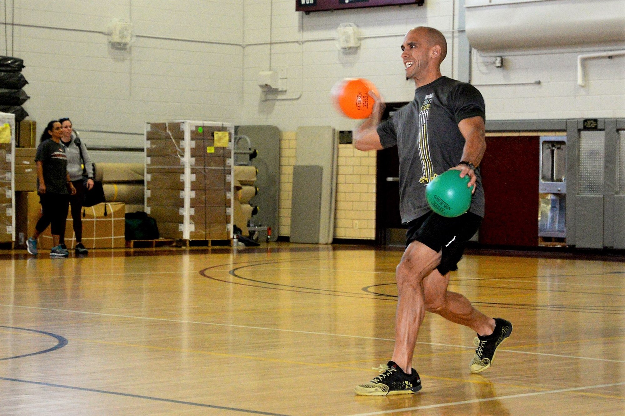 Joe Hill, a 302nd Airlift Wing Development and Training Flight trainee, throws a dodgeball during a tournament hosted by the 302nd AW First Sergeant’s Association Jan. 7, 2018, at Peterson Air Force Base, Colorado.
