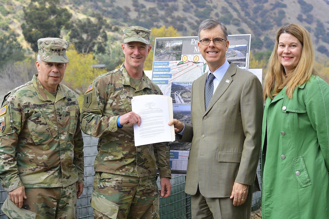 From left to right, Lt. Gen. Todd Semonite, commanding general of U.S. Army Corps of Engineers; Col. Kirk Gibbs, commander of the U.S. Army Corps of Engineers Los Angeles District; Gary Lee Moore, Los Angeles city engineer; and Carol Armstrong, executive officer to the Los Angeles Deputy Mayor of City Services, pose for a picture Jan. 19 after Corps of Engineers leaders presented a signed design agreement with the city to move forward with the Los Angeles River Ecosystem Restoration project.