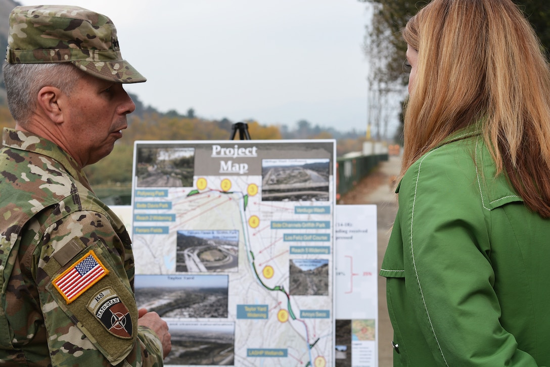 Lt. Gen. Todd Semonite, commanding general of U.S. Army Corps of Engineers, left, and Carol Armstrong, executive officer to the Los Angeles Deputy Mayor of City Services, right discuss the LA River Ecosystem Restoration project during a Jan. 19 site visit.