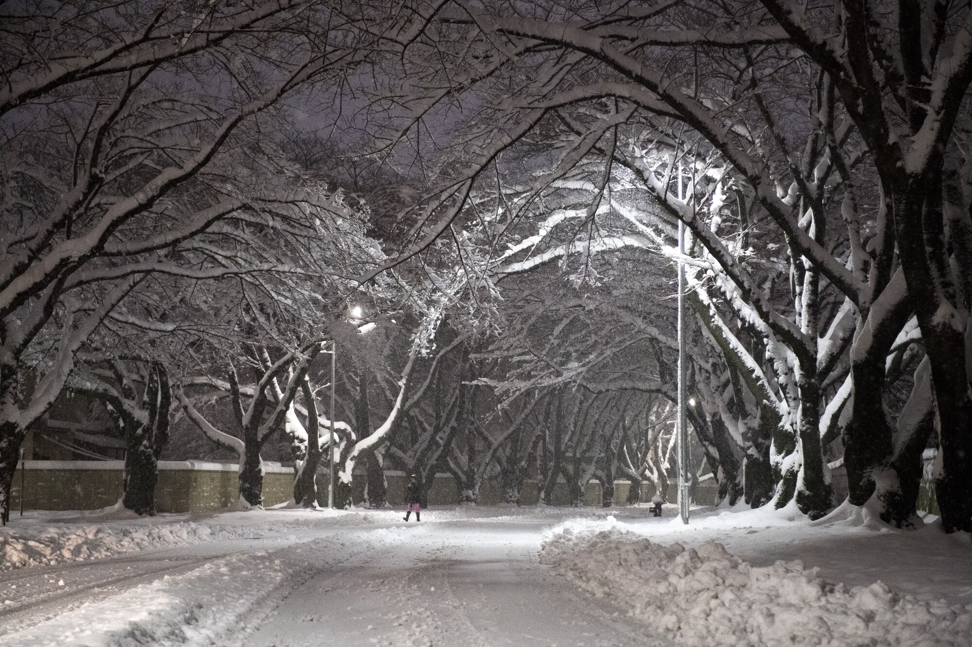 Base residents walk through the snow covered streets during the first snow storm of the year, Jan. 22, 2018, at Yokota Air Base, Japan.