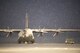 A C-130J Super Hercules sits on the flightline during a snow storm, Jan. 22, 2018, at Yokota Air Base, Japan.