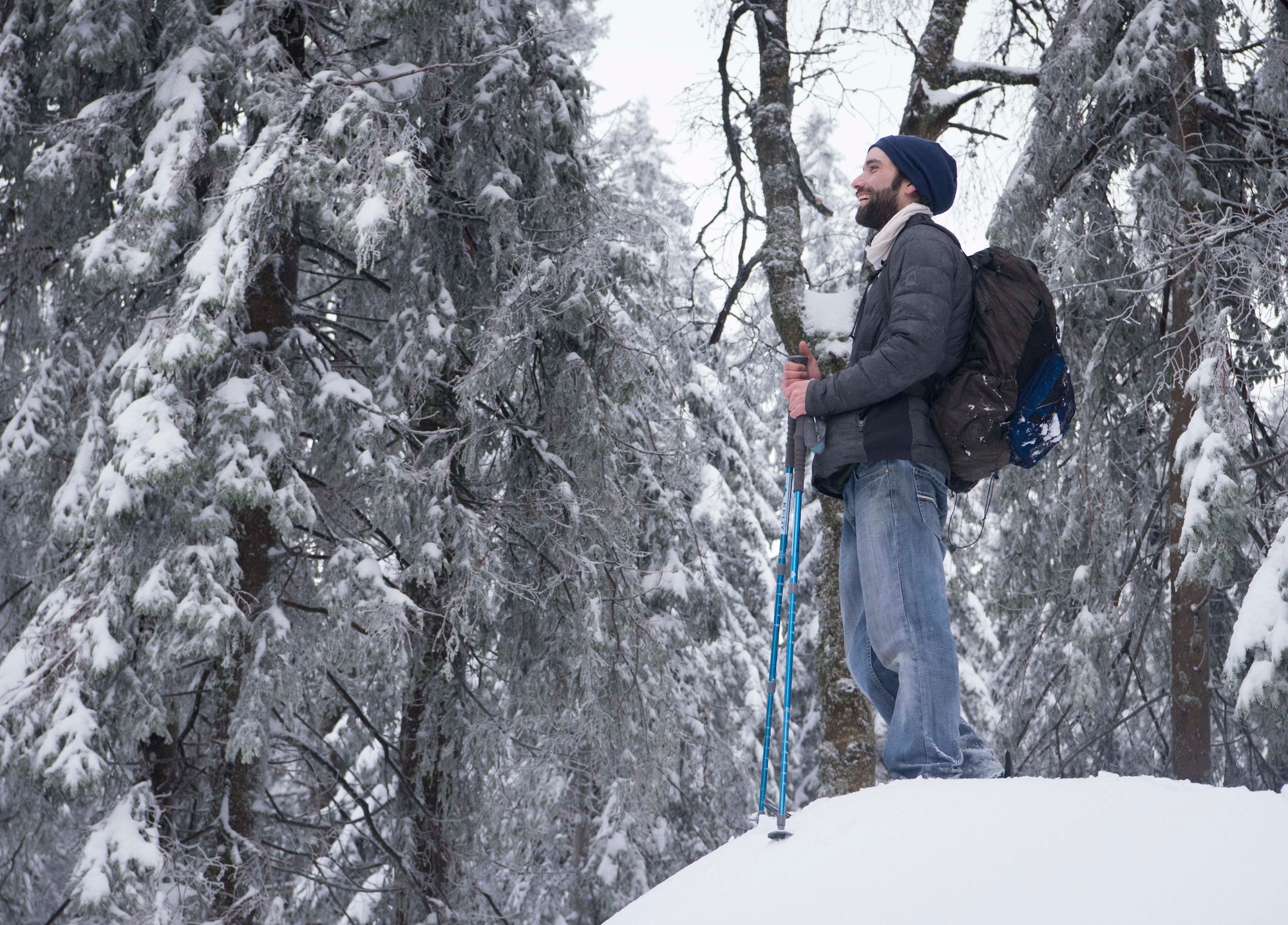 Gage Holdbrook, 86th Force Support Squadron Outdoor Recreation assistant director of outdoor adventure program, guides trip participants through the Black Forest, Sasbachwalden, Germany, Jan. 21, 2018. The 86th ODR offers guided trips throughout Europe, and at their facility on Ramstein Air Base they have rock climbing and various outdoor equipment. For more information on available events and resources, visit the 86th FSS website. (U.S. Air Force photo by Senior Airman Elizabeth Baker)