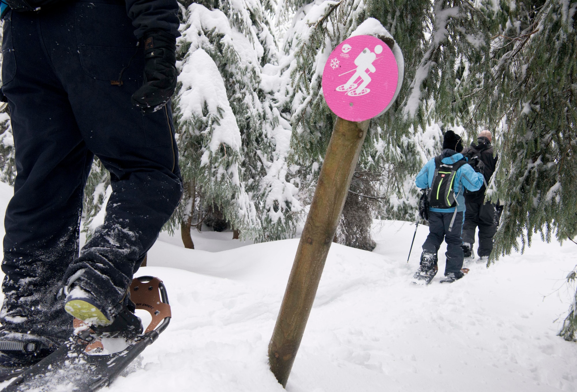 Team Ramstein members snowshoe through the Black Forest, Sasbachwalden, Germany, Jan. 21, 2018. The 86th FSS ODR offers a variety of adventure trips across Europe, as well as classes that instruct participants on how to develop skills like rock climbing, belaying, and kayaking. (U.S. Air Force photo by Senior Airman Elizabeth Baker)