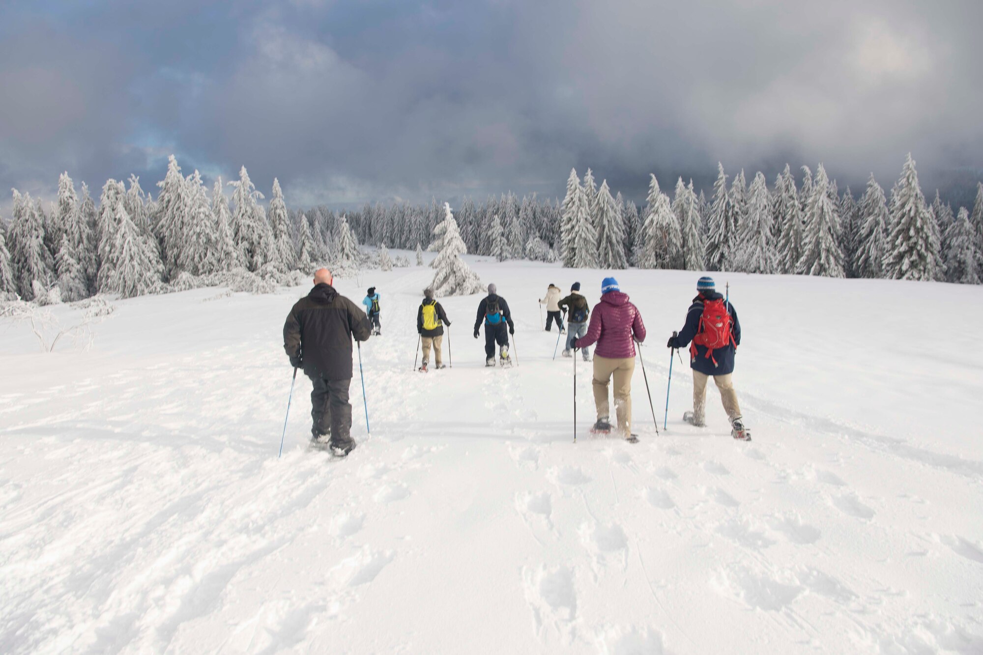 Team Ramstein members snowshoe to the top of a mountain in the Black Forest, Sasbachwalden, Germany, Jan. 21, 2018. The 86th FSS ODR plans to offer more snowshoe hikes in February, along with other opportunities such as a kayak skills clinic and rock climbing. (U.S. Air Force photo by Senior Airman Elizabeth Baker)
