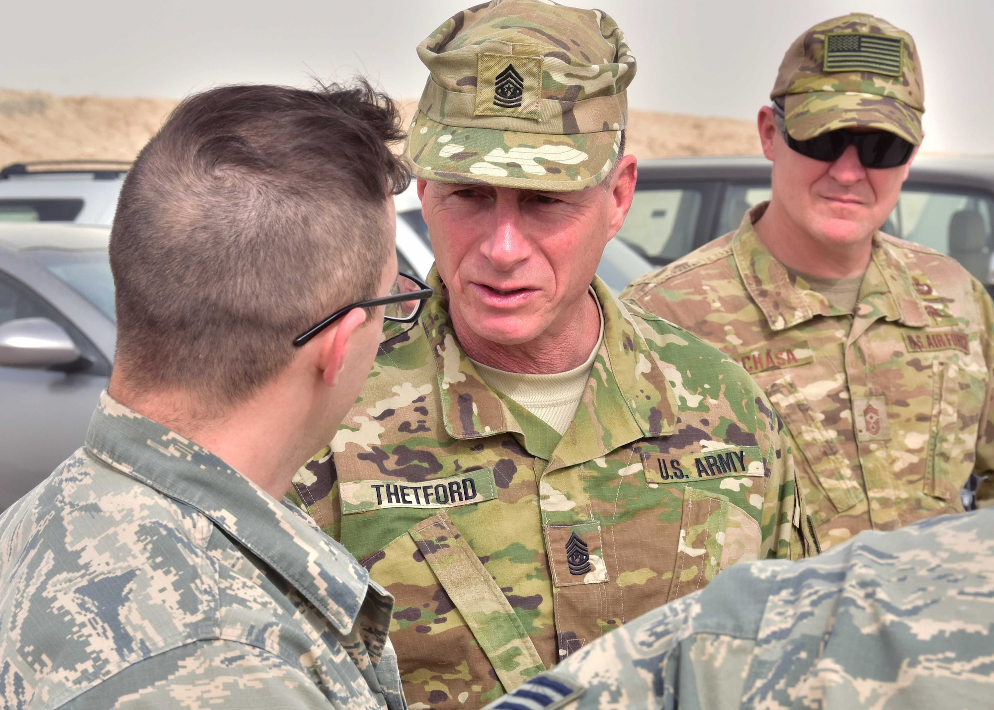 Command Sgt. Maj. William Thetford, U.S. Central Command’s senior enlisted leader, updates the 386th Air Expeditionary Wing leadership Jan. 23, 2018, during a staff meeting at an undisclosed location in Southwest Asia.