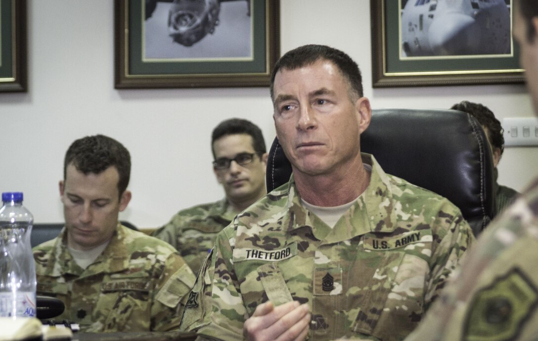 Command Sgt. Maj. William Thetford, U.S. Central Command’s senior enlisted leader, updates the 386th Air Expeditionary Wing leadership Jan. 23, 2018, during a staff meeting at an undisclosed location in Southwest Asia.