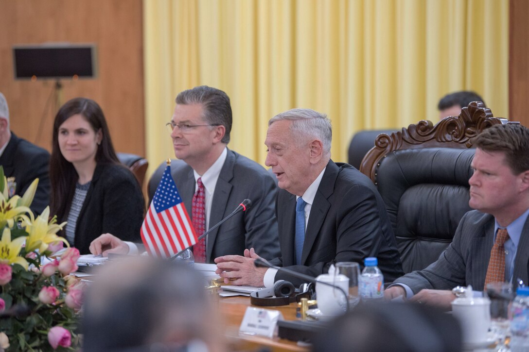 Defense Secretary James N. Mattis speaks during a meeting with Vietnamese defense leaders in Vietnam.
