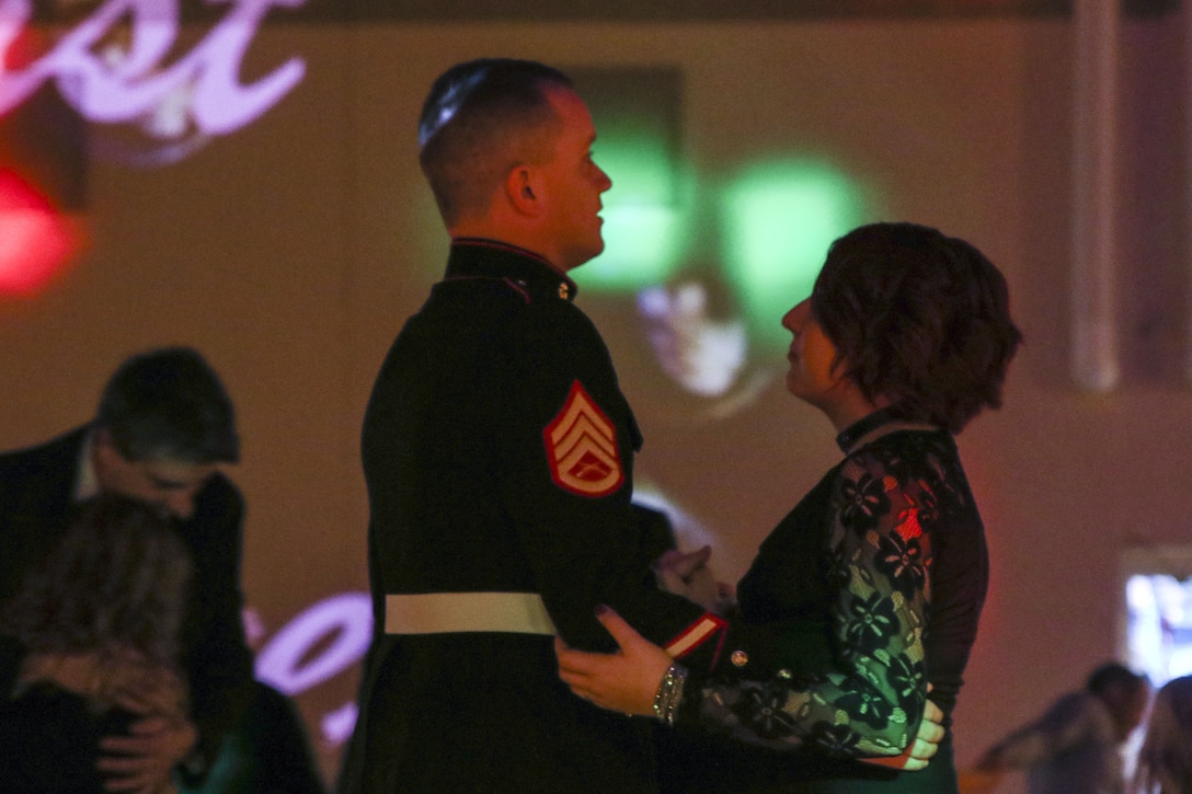U.S. Marine Staff Sgt. Brian D. Raney and Raven Campbell dance at St. Mark’s United Methodist Church, Murfreesboro, Tennessee, on Jan. 20, 2018. Raney stepped in as the father figure for the father-daughter dance. Raney is a recruiter currently stationed with Recruiting Station Nashville, 6th Marine Corps District, Eastern Recruiting Region, Marine Corps Recruiting Command. (U.S. Marines photo by Sgt. Mandaline Hatch)