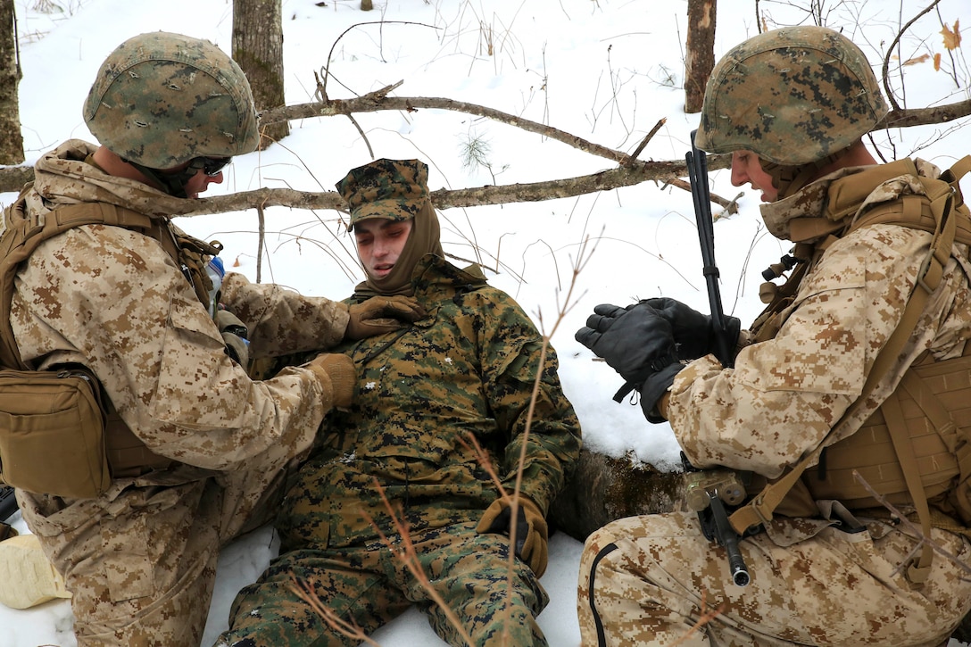 Marines conduct medical evacuation techniques.