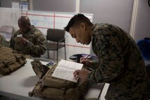 Petty Officer 3rd Class Marvin Almario with 2nd Medical Battalion, 2nd Marine Logistics Group, reviews his notes prior to a practical application during a Tactical Combat Casualty Care training exercise at Camp Lejeune, N.C. Jan. 22, 2018. TCCC is designed to help corpsmen practice basic medical techniques while in a stressful environment. The corpsmen are evaluated with simulated battlefield scenarios overseen by instructors. (U.S. Marine Corps photo by Pfc. Nicholas Guevara)