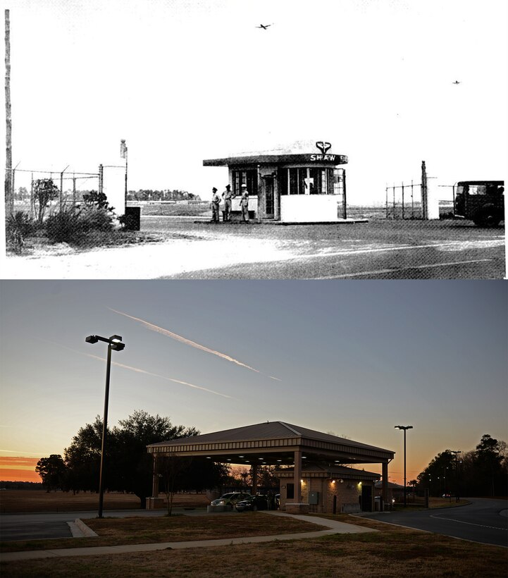 Members of the 20th Security Forces Squadron check numerous identification cards each day at Shaw Air Force Base, S.C., circa 1942, top, and Jan. 24, bottom.