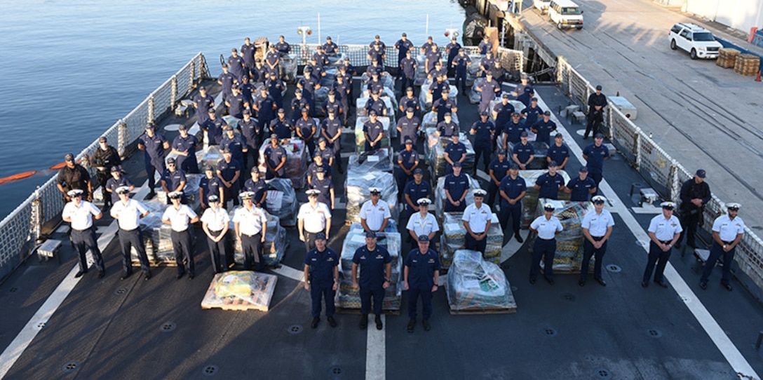 The crew of the Coast Guard Cutter Stratton pose for a group photo.