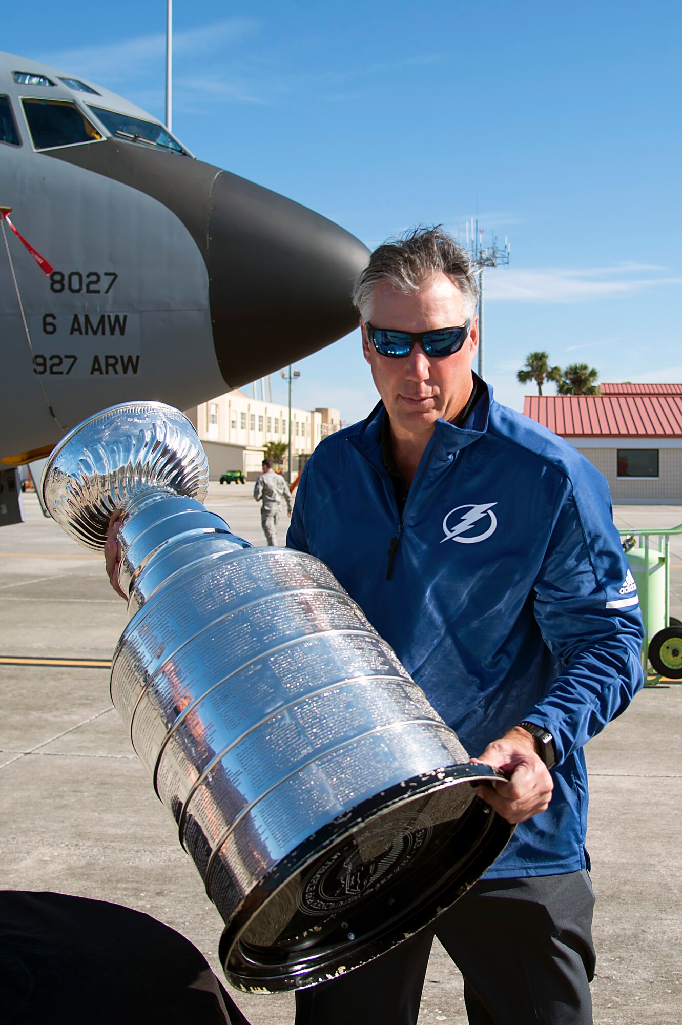 Former Tampa Bay Lightning captain, Dave Andreychuk, carries the Stanley Cup at MacDill Air Force Base, Fla., Jan. 24, 2018. The Hall of Famer first hoisted the trophy after the Bolts became champions in 2004.