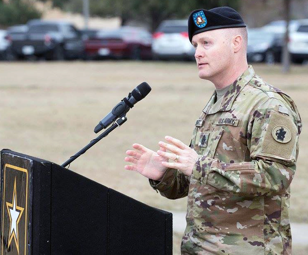Incoming Army South Command Sgt. Maj. William Rinehart gives remarks during a change of responsibility ceremony at Joint Base San Antonio-Fort Sam Houston Jan. 5.