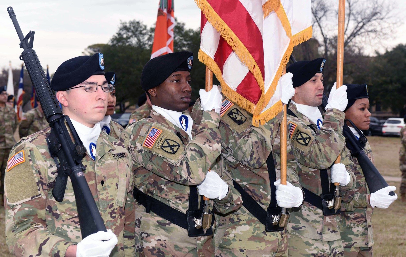 The U.S. Army South Color Guard stands at attention during a change of responsibility ceremony at the Martin Luther King, Jr. parade field at Joint Base San Antonio-Fort Sam Houston Jan. 5.