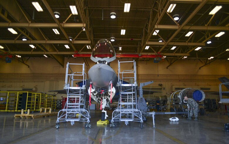 An F-35A Lightning II is parked in a hangar prior to the removal of its ejection seat at Luke Air Force Base, Ariz., Jan. 11, 2018. In the future, all F-35s that arrive at Luke will arrive with new ejection seat modifications. (U.S. Air Force photo/Airman 1st Class Caleb Worpel)