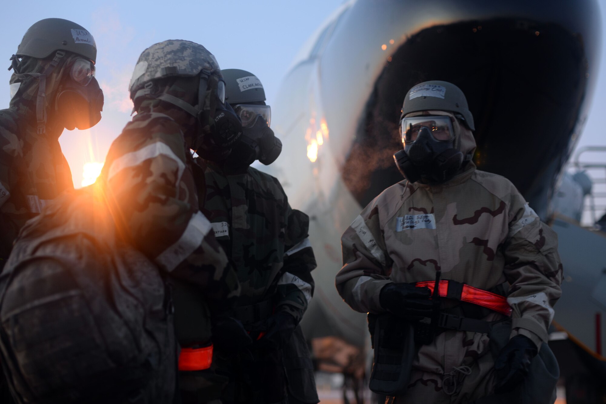 Members of the 55th Wing begin a post attack reconnaissance sweep of the flight line during an operational readiness exercise (ORE) at Offutt Air Force Base, Nebraska, Jan. 24, 2018. OREs are exercises directed at honing combat readiness, and allow Airmen to receive deployment-like experiences at their home station.