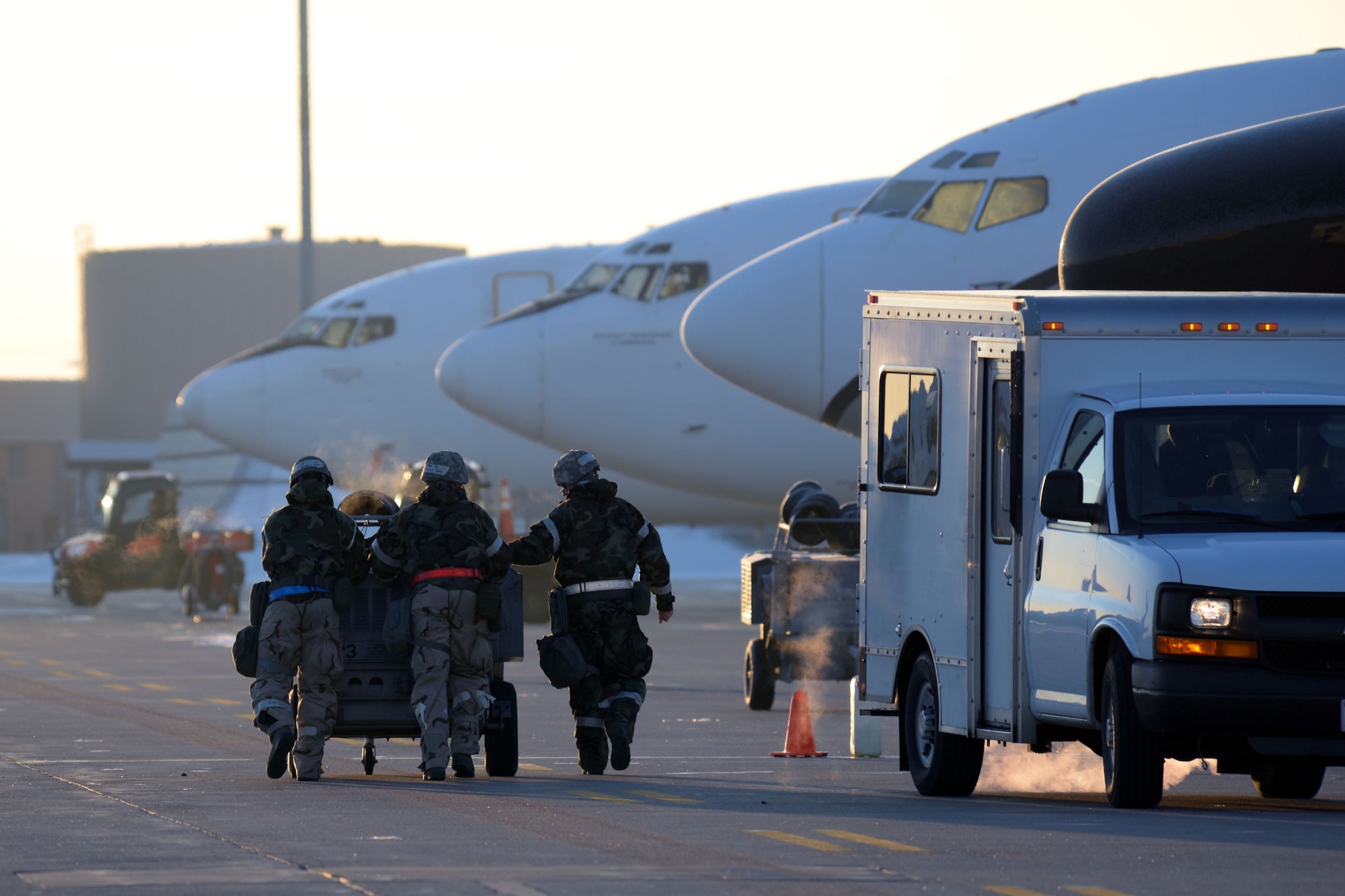 Members of the 55th Wing conduct an operational readiness exercise (ORE) at Offutt Air Force Base, Nebraska, Jan. 24, 2018. OREs are exercises directed at honing combat readiness, and allow Airmen to receive deployment-like experiences at their home station.