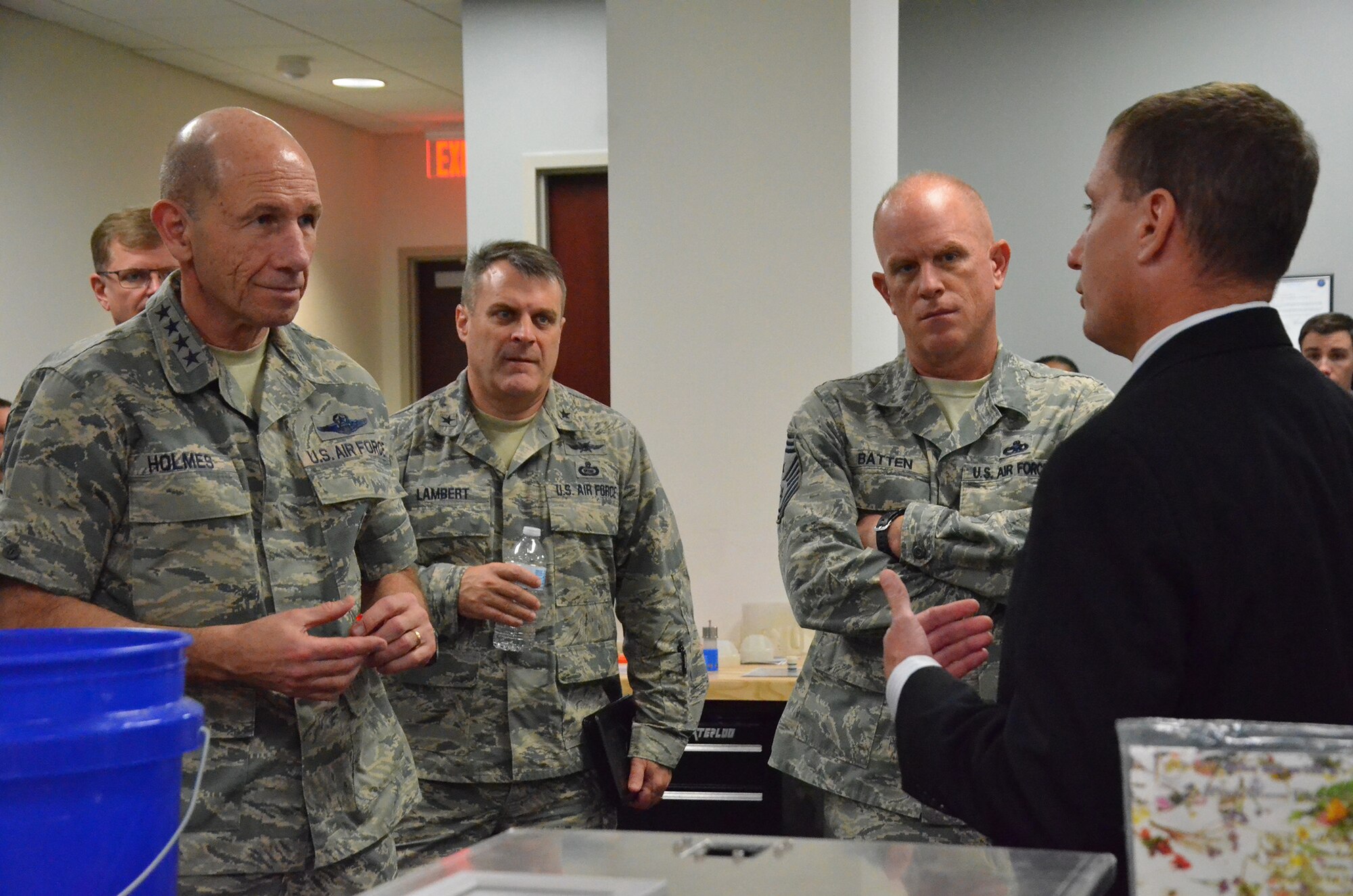 Kevin Jack (right), a radio frequency engineer at the Air Force Technical Applications Center, Patrick AFB, Fla., explains rapid prototyping of deployable antenna systems to (l. to r.) Gen. Mike Holmes, commander of Air Combat Command, Brig. Gen. Peter Lambert, ACC director of intelligence, and Chief Master Sgt. Frank Batten, ACC command chief, during their visit to the Department of Defense's sole nuclear treaty monitoring center Jan. 24, 2018.  (U.S. Air Force photo by Susan A. Romano)