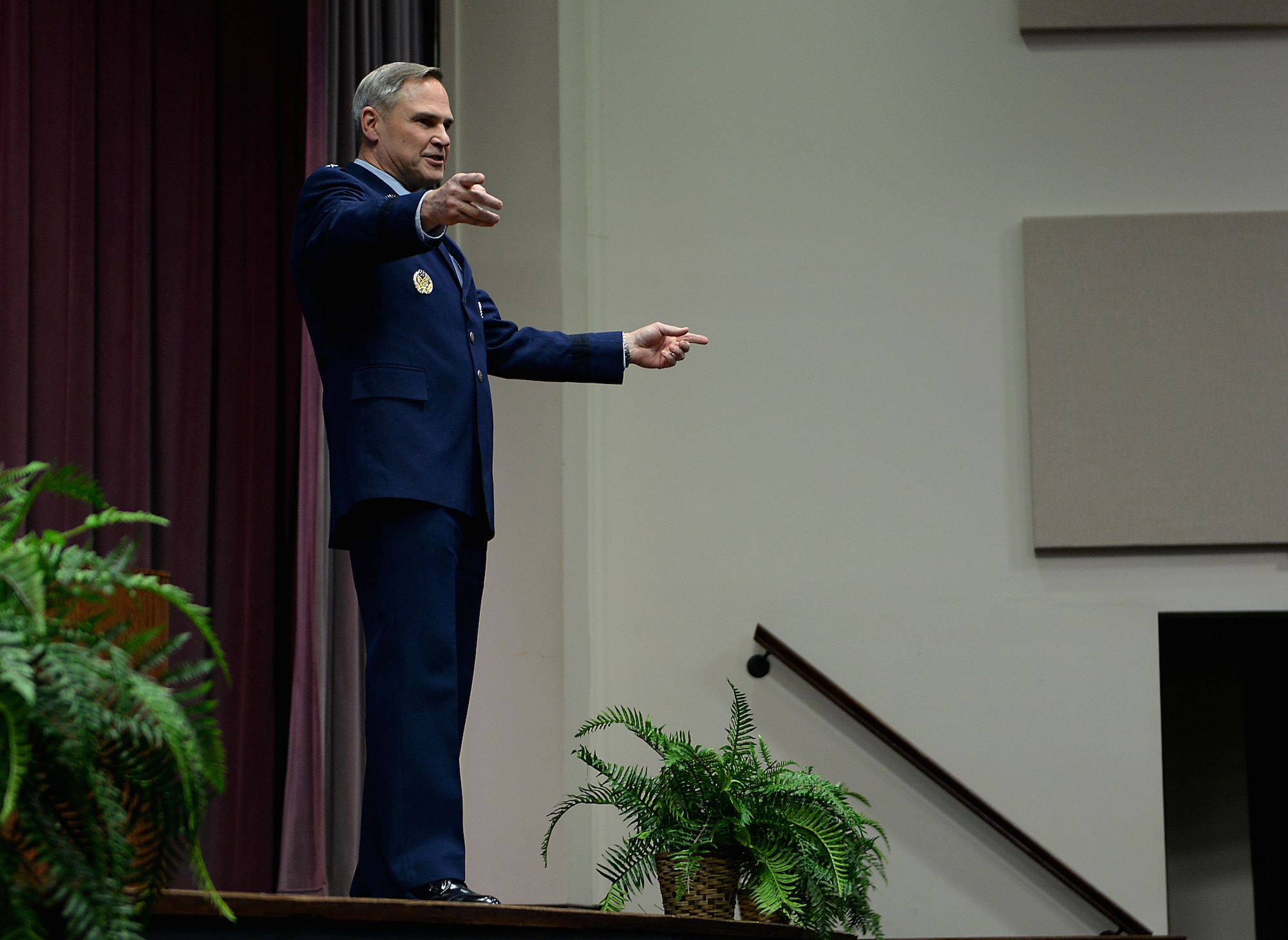 Lt. Gen. Mark Nowland, Deputy Chief of Staff for Operations, Headquarters U.S. Air Force, Washington, D.C, speaks at Specialized Undergraduate Pilot Training Class 18-04’s graduation Jan, 19, 2018, on Columbus Air Force Base, Mississippi. Nowland gave every pilot statistics on the aircraft they would be learning how to fly, and he recognized the impact that each of them had together. He spoke about the refueling airframes, the cargo airframes, bombers, fighters and remotely piloted aircraft. (U.S. Air Force photo by Airman 1st Class Keith Holcomb)