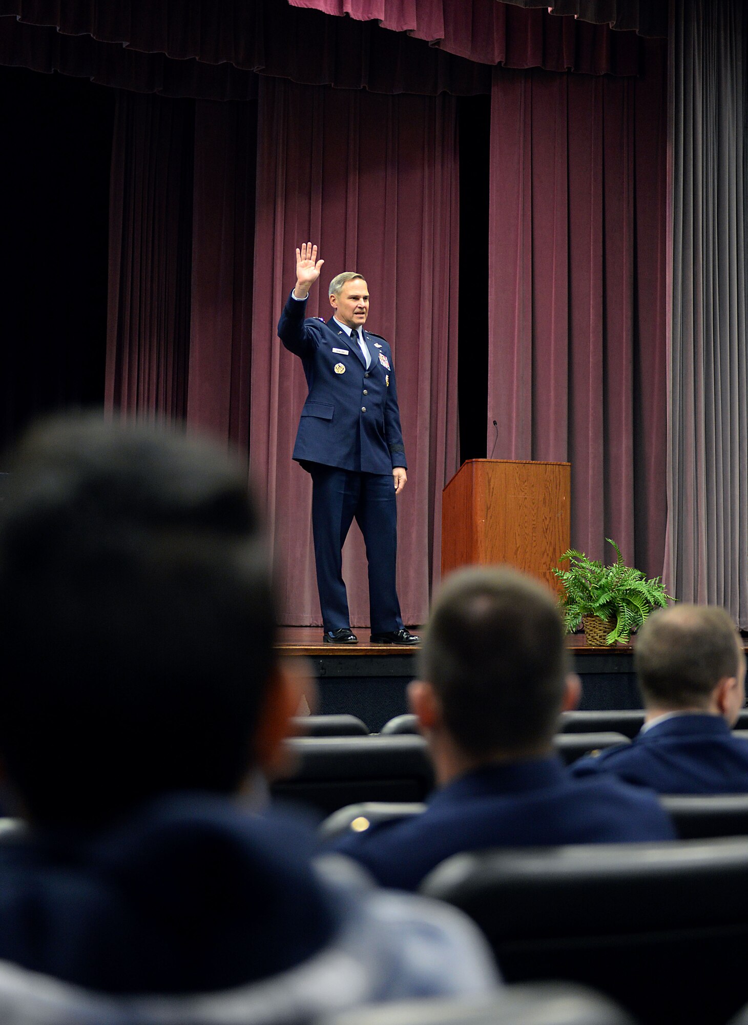 Lt. Gen. Mark Nowland, Deputy Chief of Staff for Operations, Headquarters U.S. Air Force, Washington, D.C, speaks at Specialized Undergraduate Pilot Training Class 18-04’s graduation Jan, 19, 2018, on Columbus Air Force Base, Mississippi. Everybody in this team is supporting one another, Nowland told the students during his speech. Everyone will continue to contribute and will fly, fight and win for the United States. (U.S. Air Force photo by Airman 1st Class Keith Holcomb)