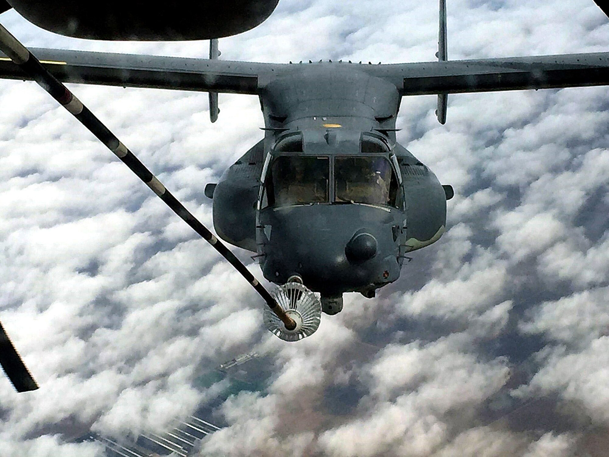 In a rare opportunity, the 79th Air Refueling Squadron, Travis AFB, Calif., refueled two CV-22 Ospreys during a routine training mission near Fresno, January 15, 2018.
