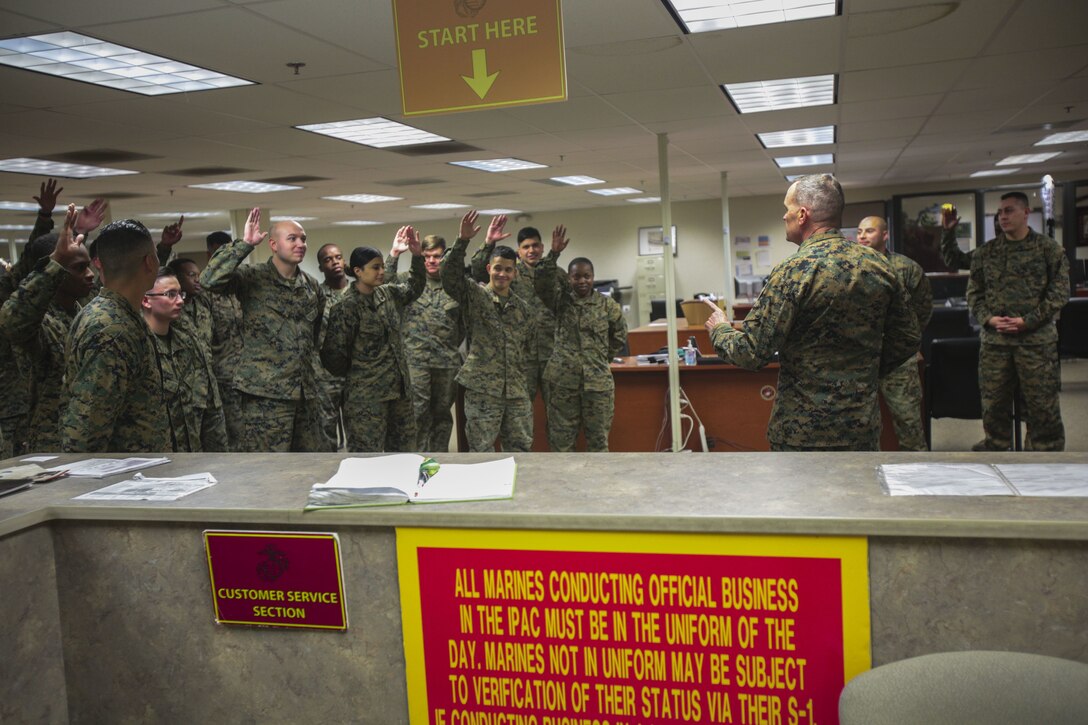 MARINE CORPS AIR STATION MIRAMAR, Calif. -- Maj. Gen. Vincent A. Coglianese, commanding general of Marine Corps Installations Command, speaks with Marines in the Installation Personnel Administration Center at Marine Corps Air Station Miramar, Calif., Jan. 24. Coglianese visited MCAS Miramar to observe living and working conditions, as well as speak to service members and contracted employees about possible improvements to make on the installation. (U.S. Marine Corps photo by Cpl. Jake McClung/Released)