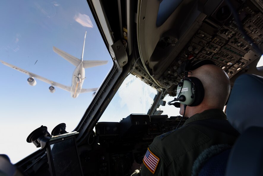 Gen. Carlton D. Everhart II, Air Mobility Command commander, moves C-17 Globemaster III into pre-contact position during an air refueling near Joint Base Lewis-McChord, Wash., Jan. 25, 2018. Everhart visited JBLM to witness full-spectrum readiness in action during Team McChord’s Exercise Winterhook. (U.S. Air Force photo by Senior Airman Tryphena Mayhugh)