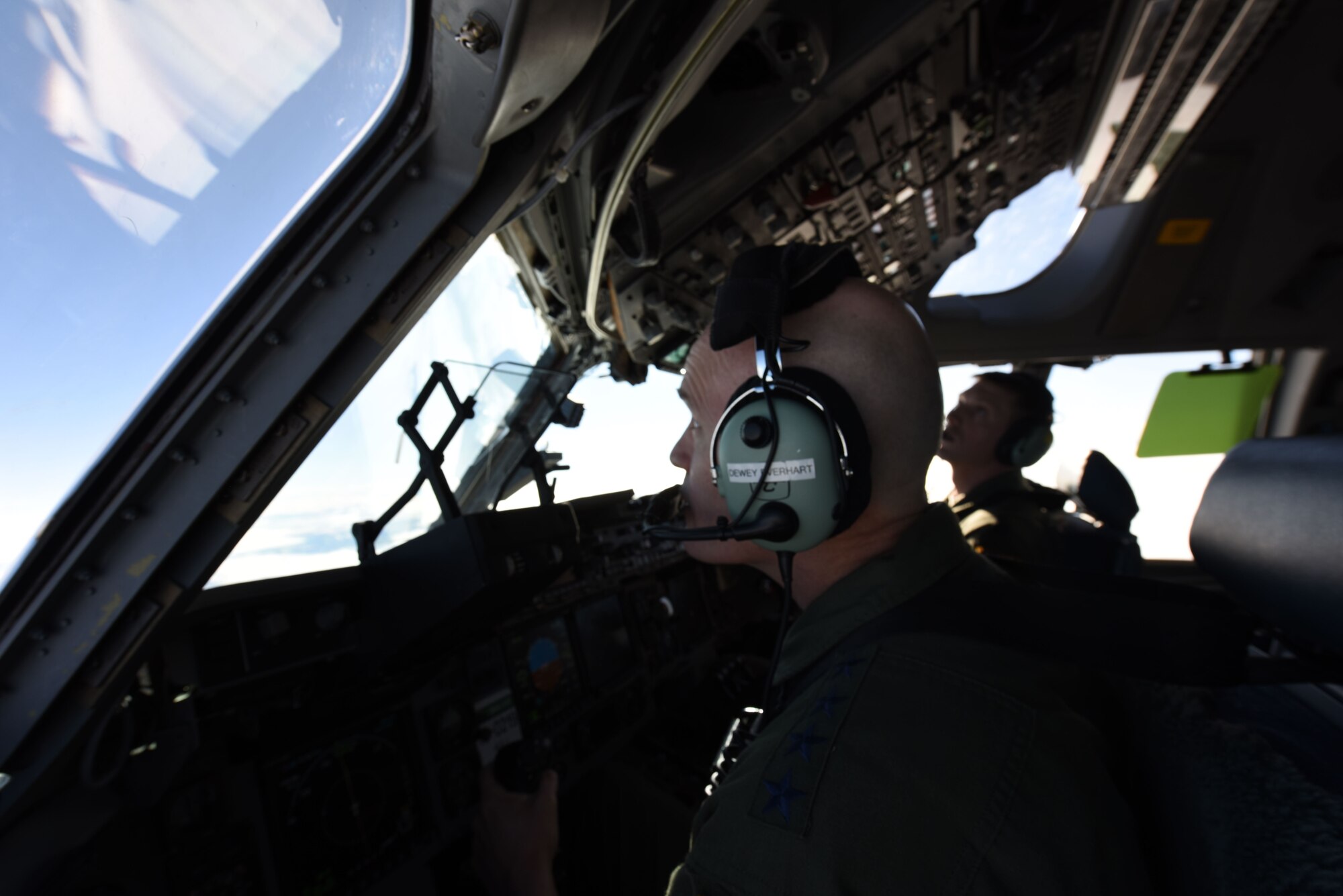 Gen. Carlton D. Everhart II, Air Mobility Command commander, pilots a C-17 Globemaster III near Joint Base Lewis-McChord, Wash., Jan. 25, 2018. Everhart flew the aircraft during his visit to JBLM to see what Team McChord is made of during an exercise. (U.S. Air Force photo by Senior Airman Tryphena Mayhugh)