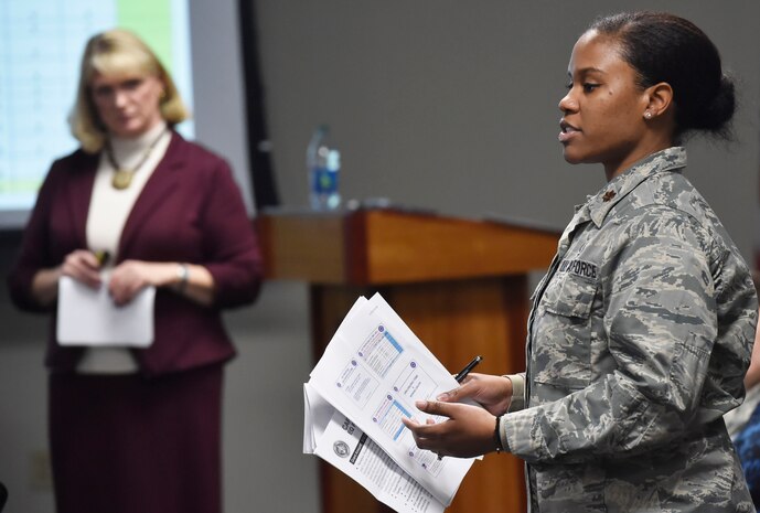 Maj. Sheontee Frank, right, Joint Base Charleston family advocacy officer, and Michelle McMeekin, right, Community Support Coordinator at Joint Base Charleston, S.C., share quarterly data gathered by the Community Action Team to joint base leadership here Jan. 26, 2018. The Community Action Team uses these meetings as an opportunity to inform base leadership on the needs and trends of military members and their families stationed at Joint Base Charleston.