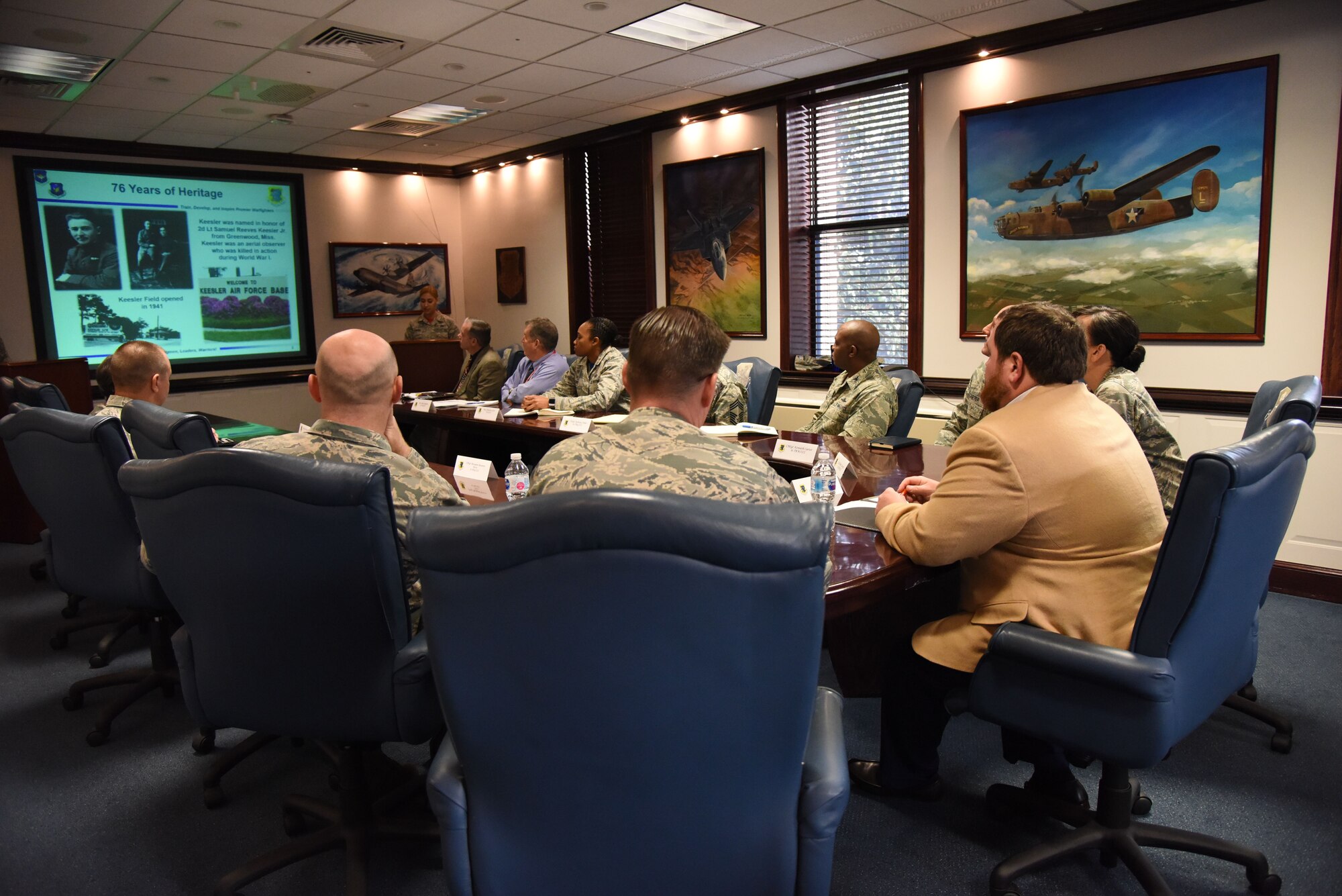 David Allen, legislative assistant for Congressman Steven Palazzo, receives an 81st Training Wing mission brief at the headquarters building during a visit Jan. 26, 2018, on Keesler Air Force Base, Mississippi. Allen visited Keesler to learn more about the base and on-going construction projects that impact the local community, like the Division Street Gate which will begin construction this summer. (U.S. Air Force photo by Kemberly Groue)