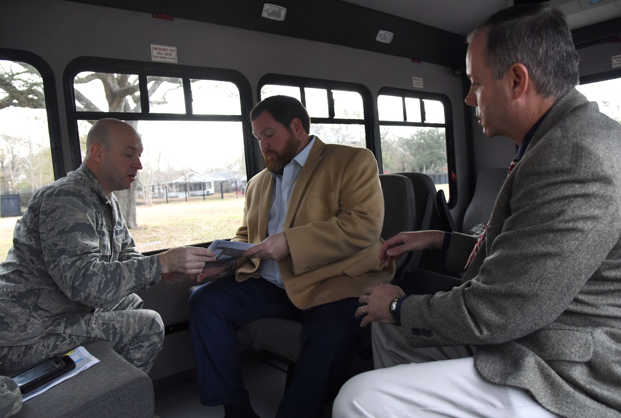 Col. Danny Davis, 81st Mission Support Group commander, briefs David Allen, legislative assistant for Congressman Steven Palazzo, on the site of the new Division Gate entrance as Mark Mills, 81st Infrastructure Division engineering flight chief, looks on during a site visit Jan. 26, 2018, on Keesler Air Force Base, Mississippi. Allen visited Keesler to learn more about the base and on-going construction projects that impact the local community, like the Division Street Gate which will begin construction this summer. (U.S. Air Force photo by Kemberly Groue)