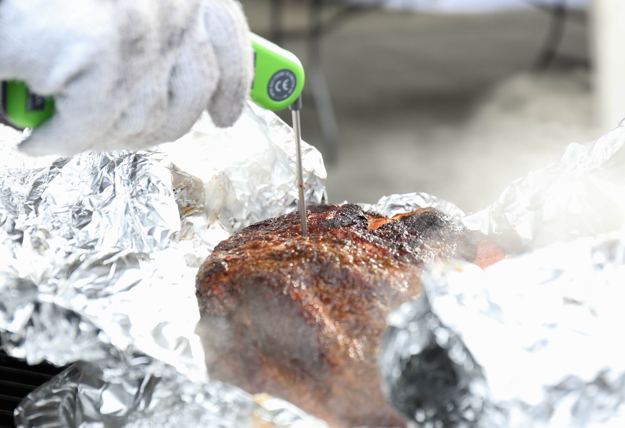 Scott Plocar and Tech. Sgt. John Hillenbrand of the 446th Airlift Wing check the temperature of a pork butt being cooked for a Diversity Day celebration Jan. 19, 2018, on Joint Base Lewis-McChord. Barbecue prepared by Washington State pitmasters, paired with members of both the 62nd and 446th Airlift Wings, was served to JBLM personnel free of charge.