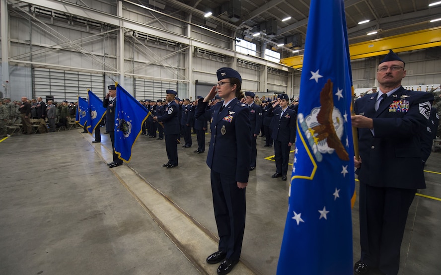Commanders from the 90th Missile Wing, 91st MW, 341st MW and 377th Air Base Wing lead their respective units in formation during the 20th Air Force change of command ceremony at F.E. Warren Air Force Base, Wyo., Jan. 26, 2018. The 20th Air Force has approximately 10,600 professionals in its ranks charged with the nation’s nuclear deterrence mission. The 20th Air Force mission is to prepare the nation's ICBM force to execute safe, secure, and effective nuclear strike operations and to support worldwide combat command requirements. (U.S. Air Force photo by Tech. Sgt. Christopher Ruano)