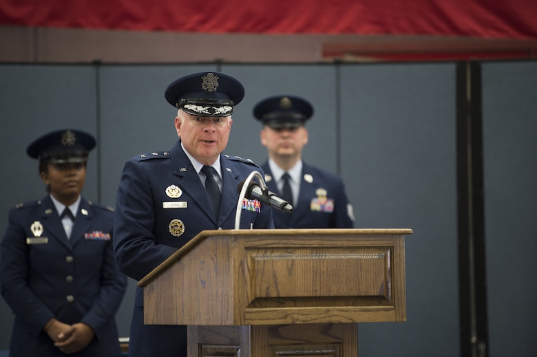 Maj. Gen. Fred Stoss, incoming 20th Air Force commander, thanks community members and the Airmen of the 20th Air Force for attending the change of command ceremony at F.E. Warren Air Force Base, Wyo., Jan. 26, 2018. Stoss’ previous assignment was as the Air Force Global Strike Command director of operations and communications at Barksdale Air Force Base, Louisiana. The 20th Air Force mission is to prepare the nation's ICBM force to execute safe, secure, and effective nuclear strike operations and to support worldwide combat command requirements. (U.S. Air Force photo by Tech. Sgt. Christopher Ruano)