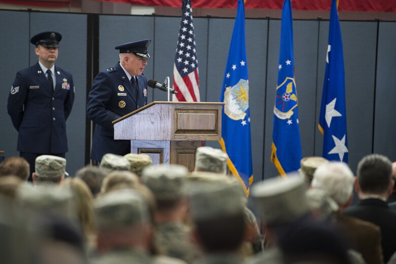 Maj. Gen. Fred Stoss, incoming 20th Air Force commander, thanks community members and the Airmen of the 20th Air Force for attending the change of command ceremony at F.E. Warren Air Force Base, Wyo., Jan. 26, 2018. Stoss’ previous assignment was as the Air Force Global Strike Command director of operations and communications at Barksdale Air Force Base, Louisiana. The 20th Air Force mission is to prepare the nation's ICBM force to execute safe, secure, and effective nuclear strike operations and to support worldwide combat command requirements. (U.S. Air Force photo by Tech. Sgt. Christopher Ruano)