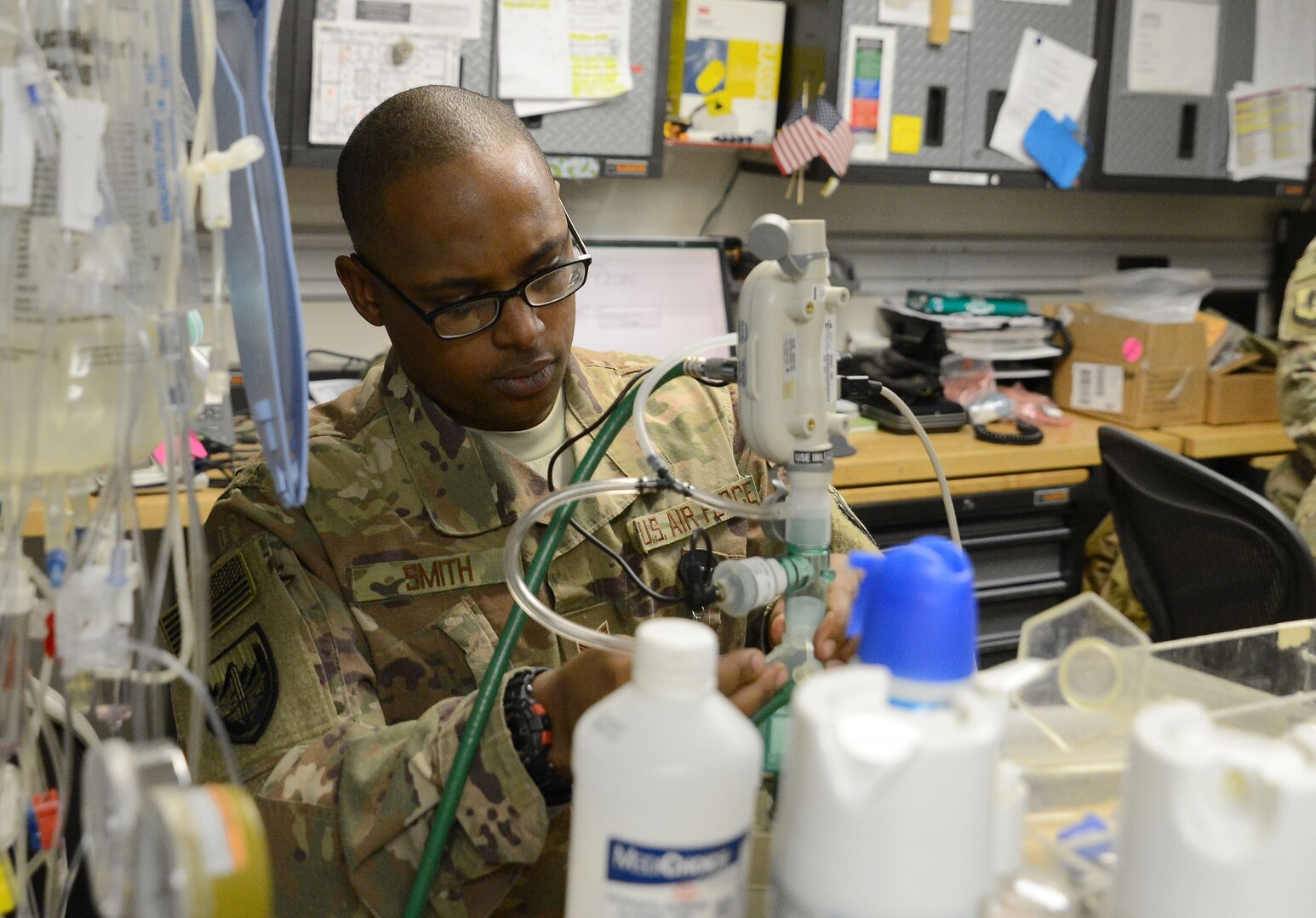 Tech. Sgt. Richard Smith, 455th Expeditionary Medical Operation Squadron clinical engineering NCOIC, repairs medical equipment Jan. 15, 2018 at Craig Joint Theater Hospital in Bagram Airfield, Afghanistan.