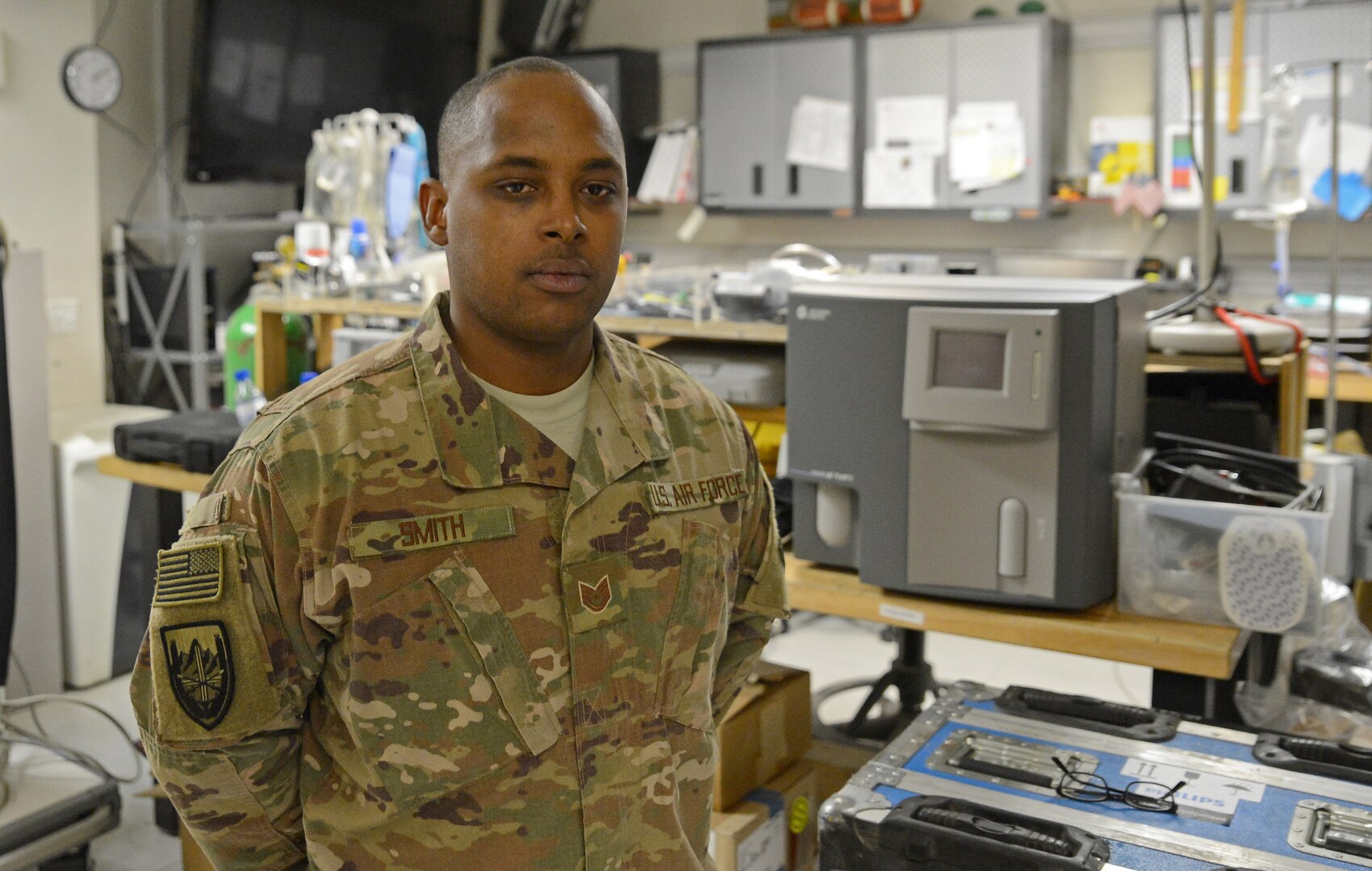 Tech. Sgt. Richard Smith, 455th Expeditionary Medical Operation Squadron clinical engineering NCOIC, poses for a photo Jan. 15, 2018 at Craig Joint Theater Hospital in Bagram Airfield, Afghanistan.
