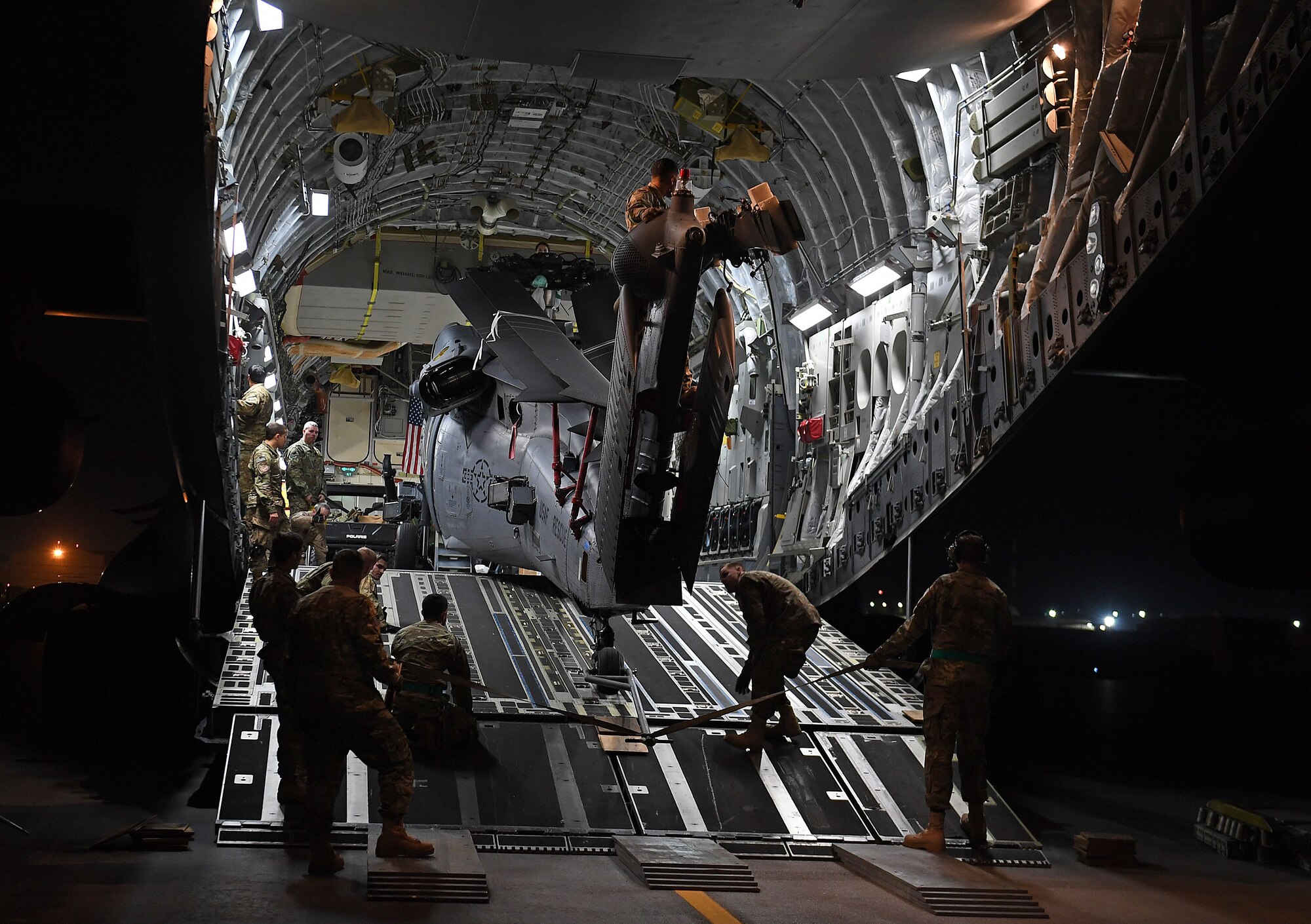 HH-60 aircraft being offloaded at Kandahar Airfield