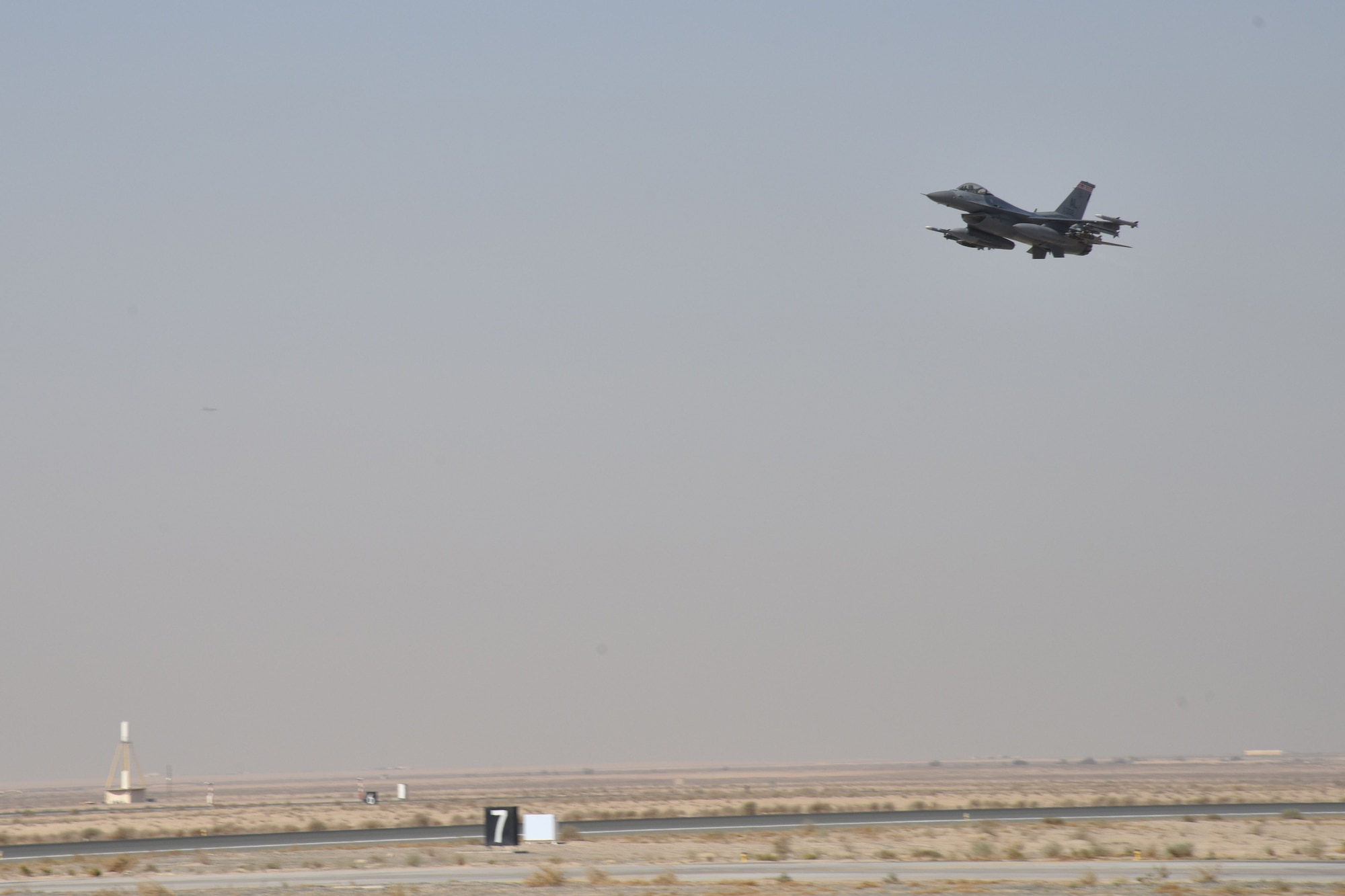 An F-16 Fighting Falcon takes off from an undisclosed location in Southwest Asia, Jan. 18, 2018. This was the last mission this pilot and aircraft performed while on their current deployment. (U.S. Air Force photo by Staff Sgt. Joshua Edwards/Released)