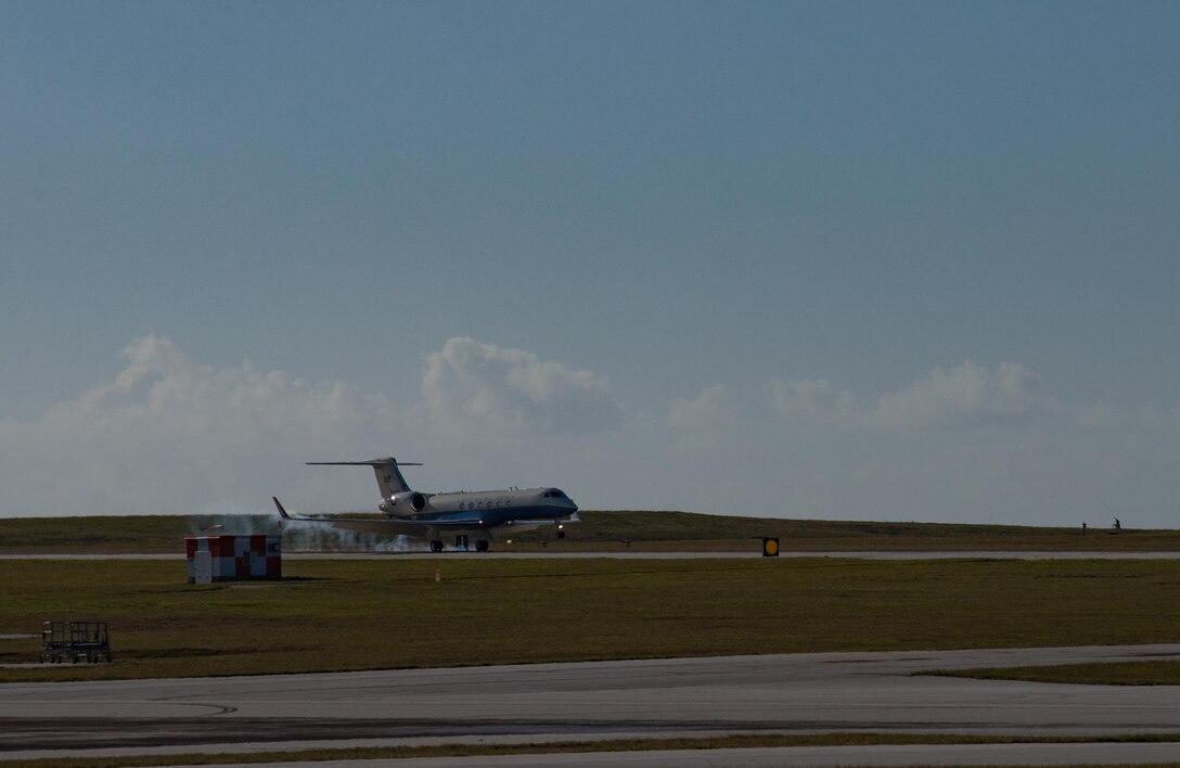 Secretary of the Air Force Heather Wilson lands Jan. 25, 2018, at Andersen Air Force Base, Guam. This visit marks the first time she has been to Guam as secretary of the Air Force. (U.S. Air Force photo by Staff Sgt. Alexander Riedel)
